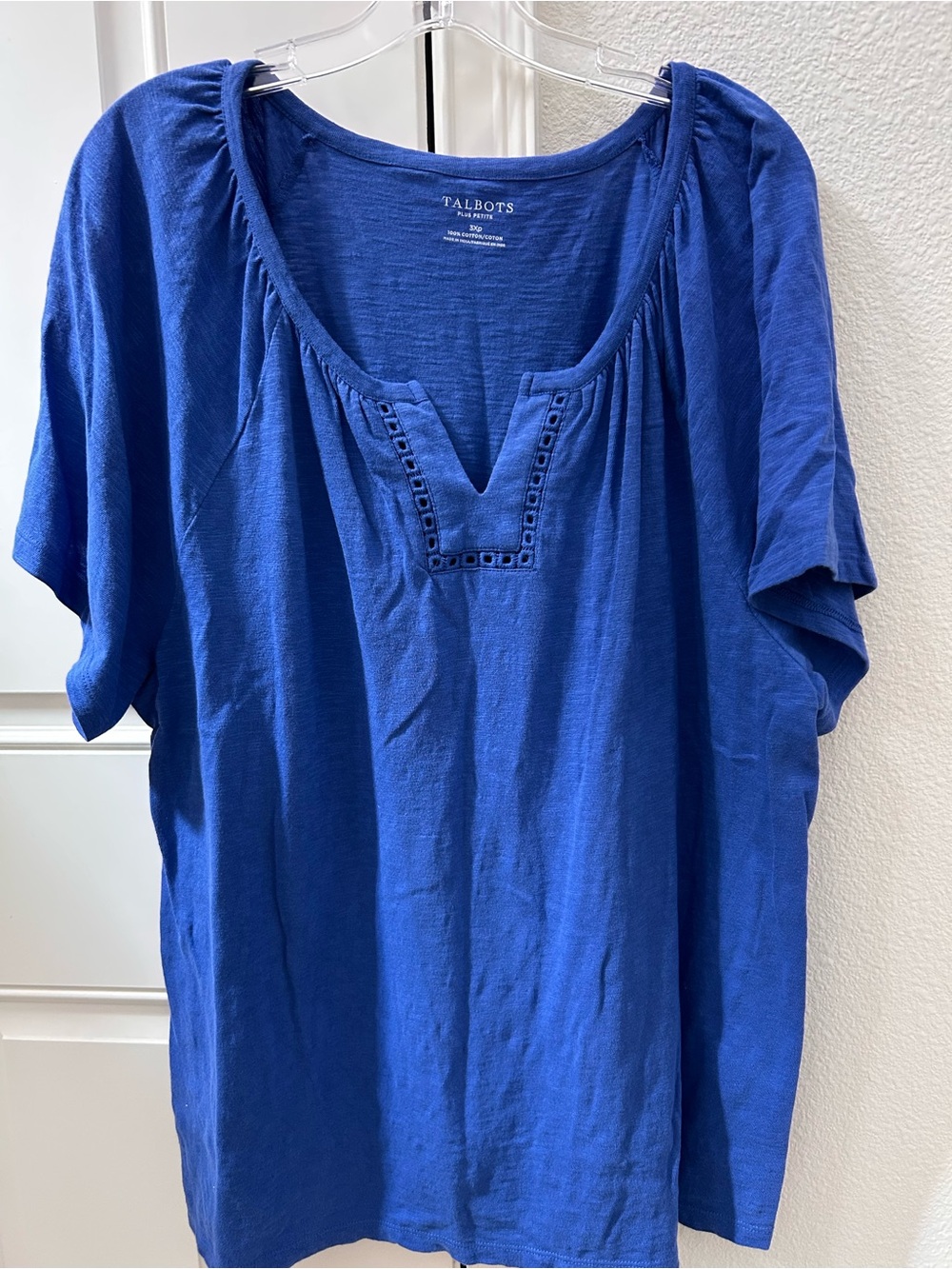Talbots Royal Blue Split V-Neck Cotton Tee with Eyelet Trim